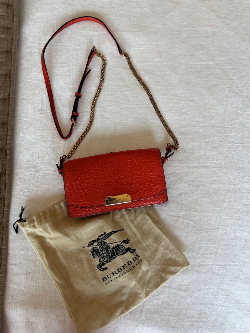 Burberry Orange-Red Leather Chain Strap Crossbody Bag